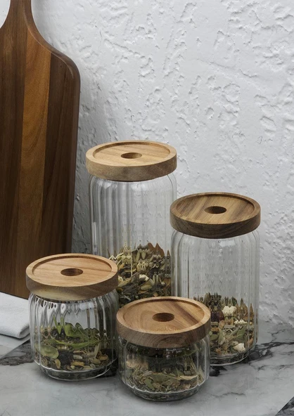 Timber Cam Kavanoz Seti - Çizgili 4'lü Saklama Kavanozu Takımı - Ahşap Kapaklı, 8 Parça - 3