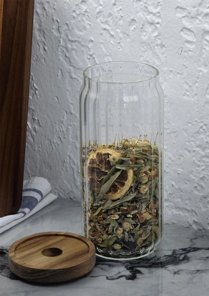 Timber Cam Kavanoz Seti - Çizgili 4'lü Saklama Kavanozu Takımı - Ahşap Kapaklı, 8 Parça - 6