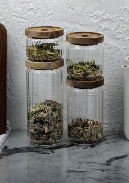 Timber Cam Kavanoz Seti - Çizgili 4'lü Saklama Kavanozu Takımı - Ahşap Kapaklı, 8 Parça