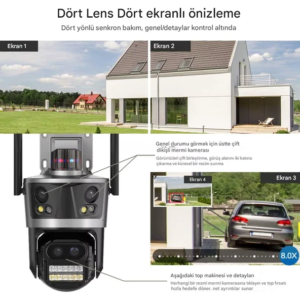 qasul 8K WiFi 16MP Dört Ekran Güvenlik Kamerası CCTV IP Kamera 8X Zoom Otomatik Takip Video Gözetim - 2