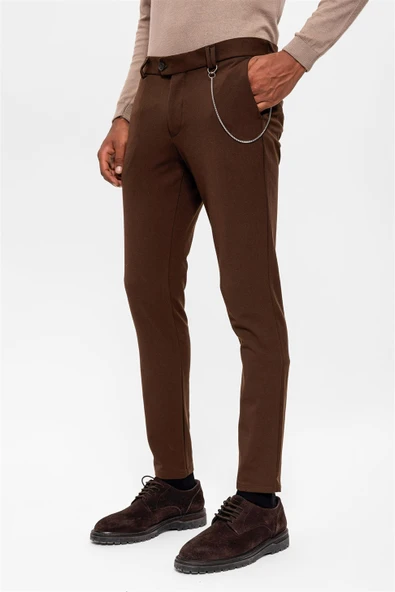 Antioch Koyu Kahve Erkek Slim Fit Düz Aksesuarlı Kumaş Pantolon - 3