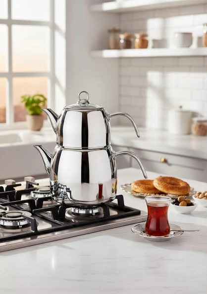Regno Çaydanlık Seti - 304 Paslanmaz Çelik Çaydanlık Takımı - 4.5+2.5 L