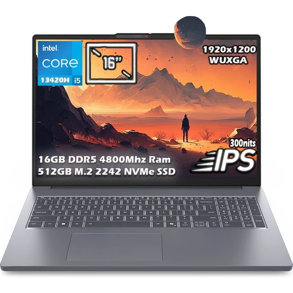 Lenovo Ideapad Slim 3 16IRH10 Intel Core i5 13420H 16GB 512 GB SSD 16''  WUXGA IPS Panel Freedos Taşınabilir Bilgisayar 83K2001FTR