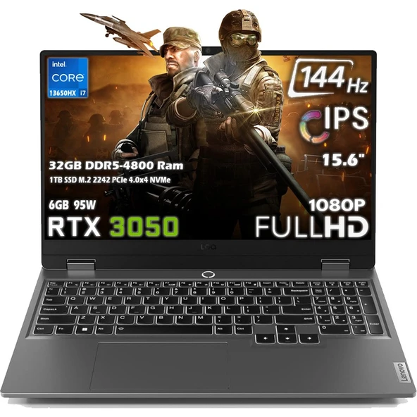 Lenovo LOQ 15IRX9 Intel Core i7 13650HX 32GB 1TB SSD RTX 3050 6GB (95W) 15.6" FHD 144Hz IPS Panel Freedos Taşınabilir Bilgisayar 83DV011BTR