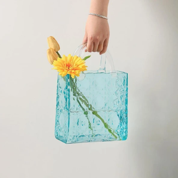 Nettenevime Çanta Vazo Köşeli Model Cam Çiçek Vazosu Dekoratif Mavi Vazo Büyük Boy Glass Bag Vase - 2