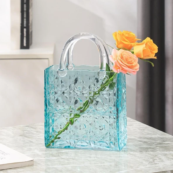 Nettenevime Çanta Vazo Köşeli Model Cam Çiçek Vazosu Dekoratif Mavi Vazo Büyük Boy Glass Bag Vase
