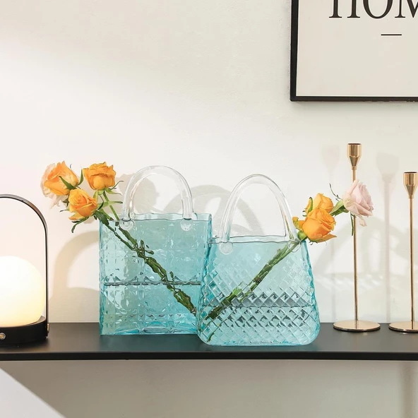 Nettenevime Çanta Vazo Köşeli Model Cam Çiçek Vazosu Dekoratif Mavi Vazo Büyük Boy Glass Bag Vase - 4