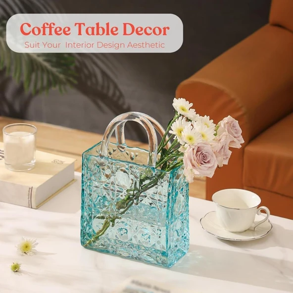 Nettenevime Çanta Vazo Köşeli Model Cam Çiçek Vazosu Dekoratif Mavi Vazo Büyük Boy Glass Bag Vase - 3
