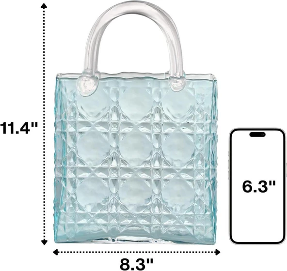 Nettenevime Çanta Vazo Köşeli Model Cam Çiçek Vazosu Dekoratif Mavi Vazo Büyük Boy Glass Bag Vase - 5