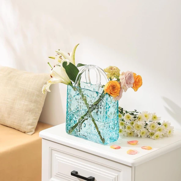 Nettenevime Çanta Vazo Köşeli Model Cam Çiçek Vazosu Dekoratif Mavi Vazo Büyük Boy Glass Bag Vase - 6