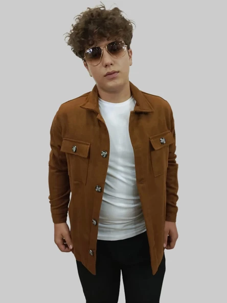 Erkek Kaşe Mevsimlik Cep Detaylı Gömlek Modeli Taba Ceket - 8