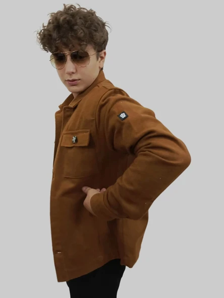 Erkek Kaşe Mevsimlik Cep Detaylı Gömlek Modeli Taba Ceket - 7