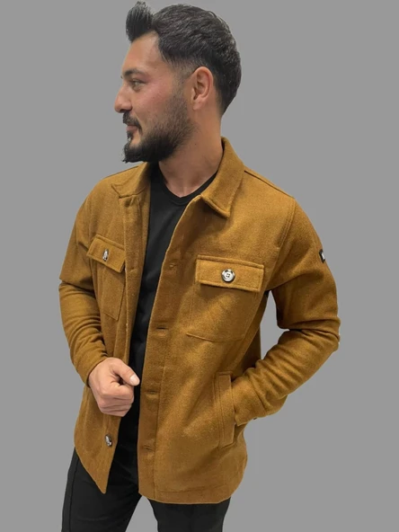 Erkek Kaşe Mevsimlik Cep Detaylı Gömlek Modeli Taba Ceket