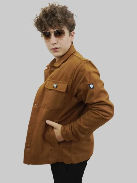 Erkek Kaşe Mevsimlik Cep Detaylı Gömlek Modeli Taba Ceket - 9