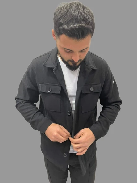 Erkek Kaşe Mevsimlik Cep Detaylı Gömlek Modeli Siyah Ceket - 7