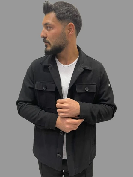 Erkek Kaşe Mevsimlik Cep Detaylı Gömlek Modeli Siyah Ceket - 3