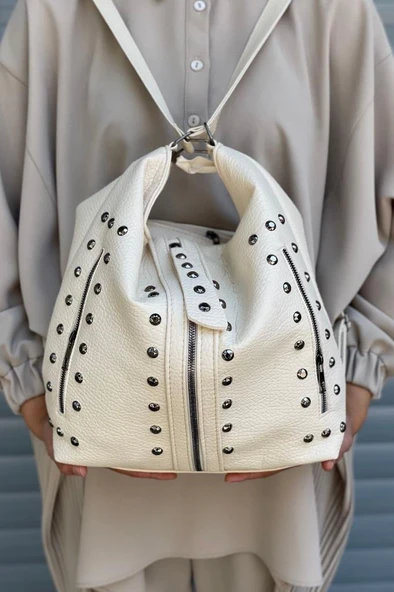 Kadın Krem Suni Yıkanmış Deri Kol Ve Sırt Çantası Yıkama Deri - Resim 2