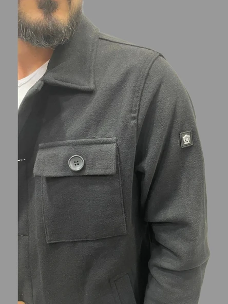 Erkek Kaşe Mevsimlik Cep Detaylı Gömlek Modeli Siyah Ceket - 8