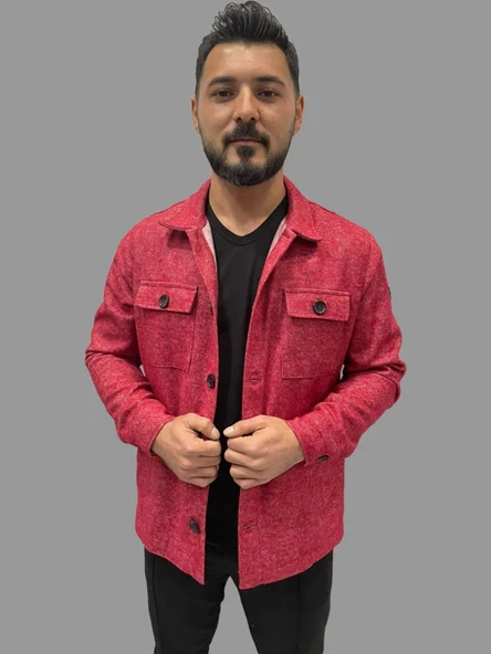 Erkek Kaşe Mevsimlik Cep Detaylı Gömlek Modeli Kırmızı Ceket - 3