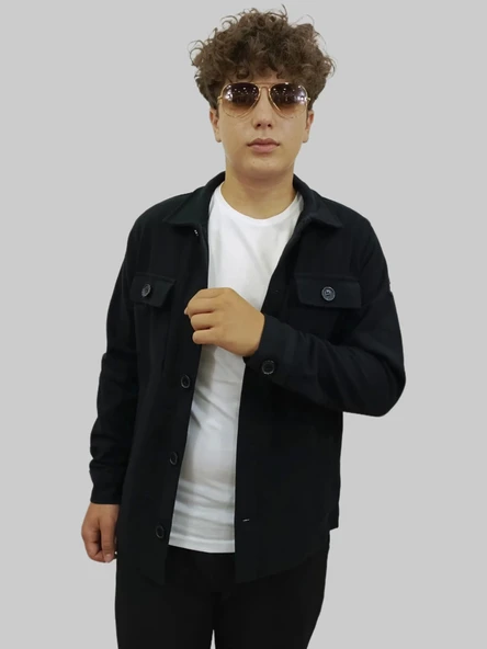 Erkek Kaşe Mevsimlik Cep Detaylı Gömlek Modeli Siyah Ceket - 11