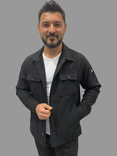 Erkek Kaşe Mevsimlik Cep Detaylı Gömlek Modeli Siyah Ceket