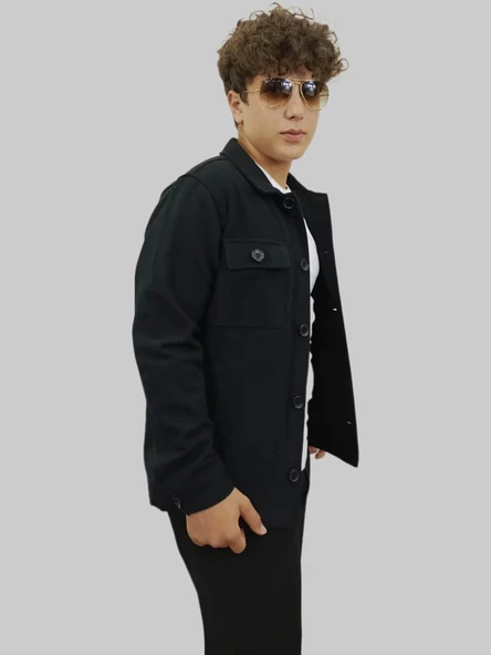 Erkek Kaşe Mevsimlik Cep Detaylı Gömlek Modeli Siyah Ceket - 10
