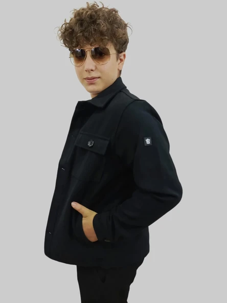 Erkek Kaşe Mevsimlik Cep Detaylı Gömlek Modeli Siyah Ceket - 9