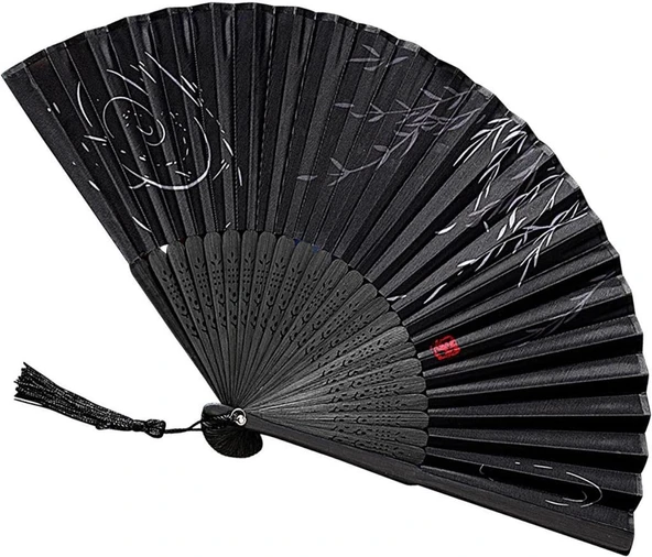 Beluga Yelpaze Bambu Serinletici Vintage Siyah Şık Dekorasyon Püsküllü Japon Yelpaze 0150 - 3