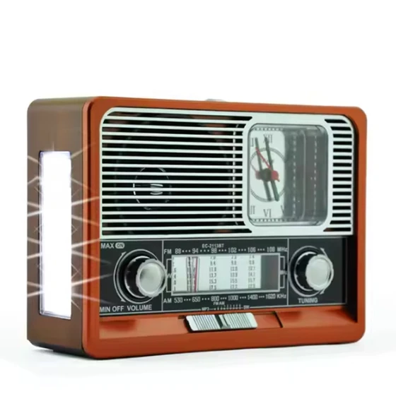 K-105 Nostaljik Şarjlı Taşınabilir Saatli Ahşap Radyo- Fenerli Müzik Çalar Mp3/fm/bluetooth