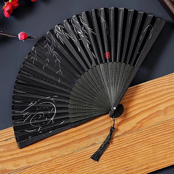 Beluga Yelpaze Bambu Serinletici Vintage Siyah Şık Dekorasyon Püsküllü Japon Yelpaze 0150