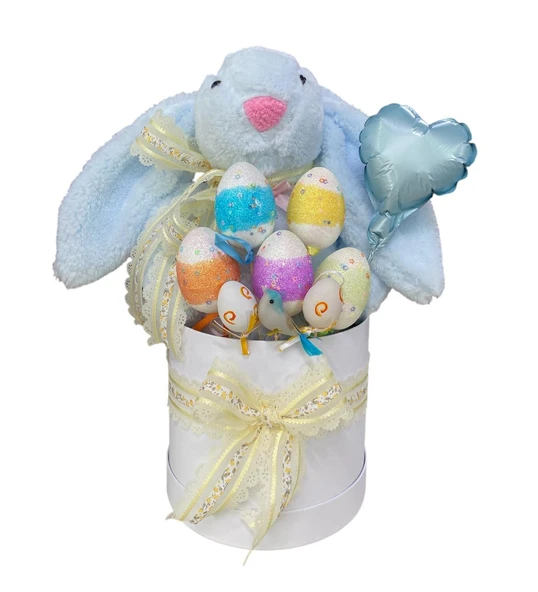 SOLE Premium Paskalya Temalı 45 cm Mavi Bunny Tavşan Hediye Kutusu - Dekoratif Yumurta ve Kalp Balon Detaylı - 5