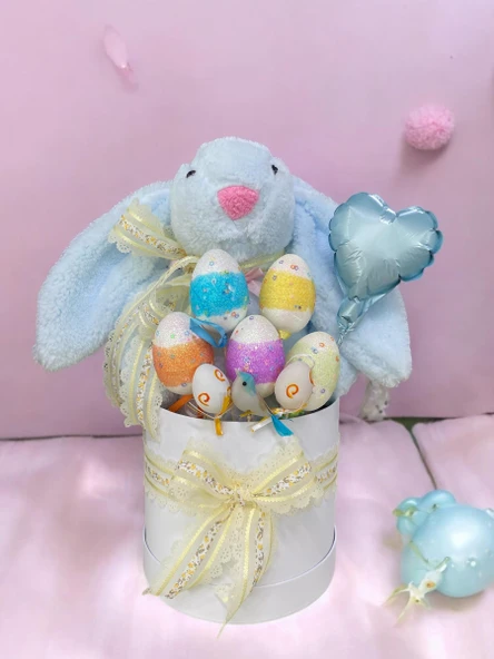 SOLE Premium Paskalya Temalı 45 cm Mavi Bunny Tavşan Hediye Kutusu - Dekoratif Yumurta ve Kalp Balon Detaylı - 2