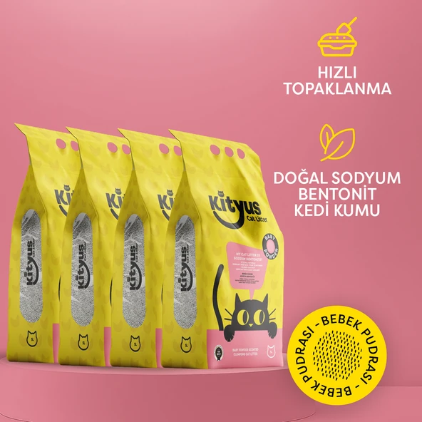 4lü Avantaj Paketi İnce Taneli Tozsuz, Topaklanan Bebek Pudralı Bentonit Kedi Kumu 4x5lt