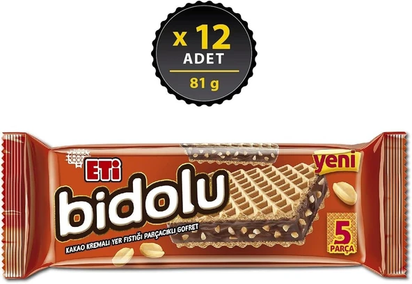 Eti Bidolu Kakao Kremalı Yer Fıstığı Parçacıklı Gofret 81 Gr 12 Adet
