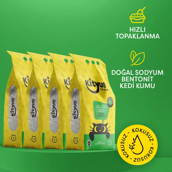 4lü Avantaj Paketi Hassas Kediler için Tozsuz,Topaklanan, Kokusuz Bentonit Kedi Kumu 4x5lt