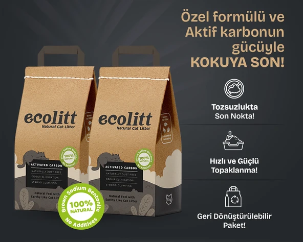 2li Avantaj Paketi Ecolitt Ultra Koku Hapseden Kraft Pakette Topaklanan Kahverengi Bentonit Aktif Karbonlu Kedi Kumu 2x8 kg