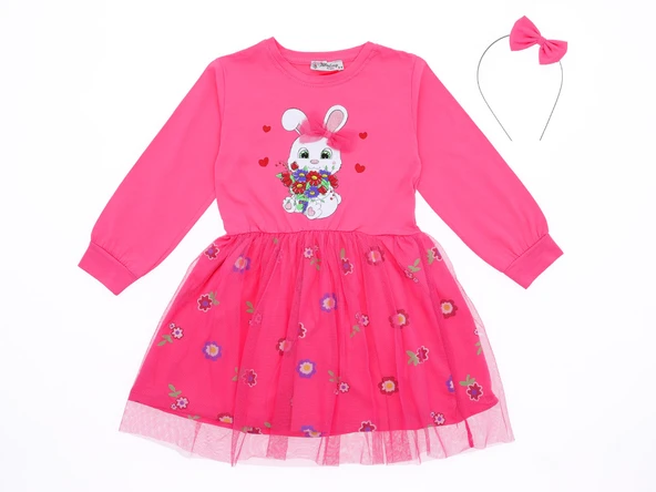 Kız Çocuk Elbise Tüllü Fiyonklu Taç Tokalı - 10