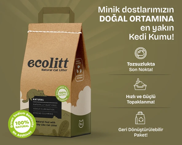 Ecolitt Kraft Pakette Tozsuz ve Topaklanan Kahverengi Bentonit Natura Kedi Kumu 8kg