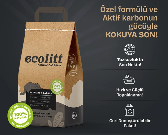 Ecolitt Ultra Koku Hapseden Kraft Pakette Topaklanan Kahverengi Bentonit Aktif Karbonlu Kedi Kumu 8kg