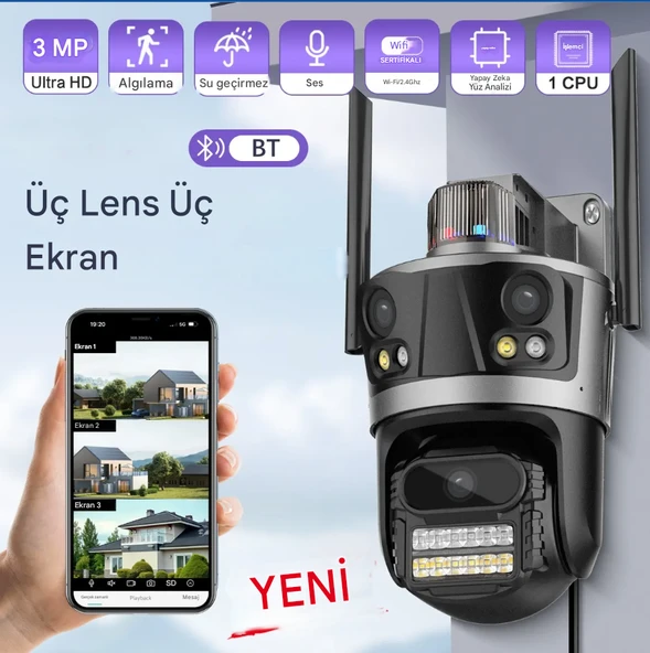 QASUL ICsee WiFi 12MP Kamera 6K 3Lens Bağlantı PTZ Güvenlik Kamera CCTV 3 Ekran Ağ Kamerası 2 Yönlü Ses - 2