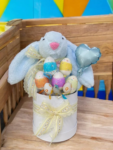 SOLE Premium Paskalya Temalı 45 cm Mavi Bunny Tavşan Hediye Kutusu - Dekoratif Yumurta ve Kalp Balon Detaylı - 4