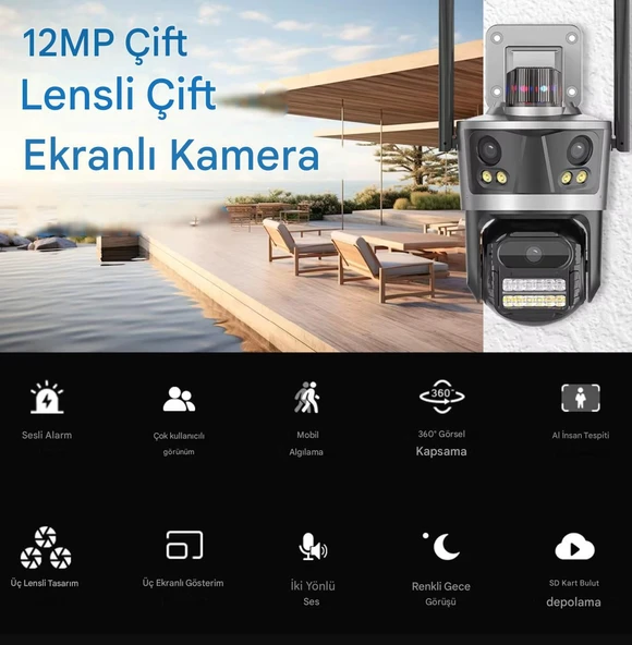 12 MP 6K 8X Zoom 3 Lensli Çakarlı Su GeçirmezHarek Sensörlü Ip Güvenlik Kamerası CMR56 - 2