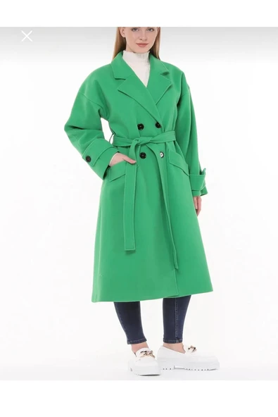 CABA KADIN KUŞAKLI ASTARLI OVERSİZE KABAN YEŞİL - 4