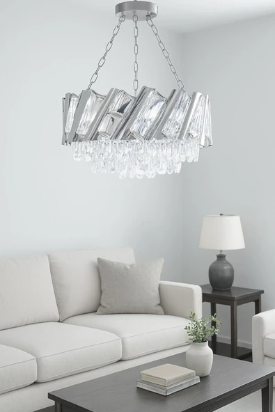 Luna Lighting Firuze Model Krom Kaplama Şık Taşlı Salon Antre Oturma Misafir Odası Modern Avize