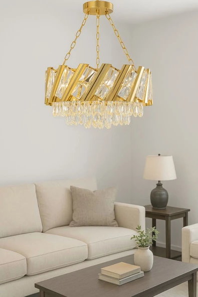 Luna Lighting Firuze Model Gold Kaplama Şık Taşlı Salon Antre Oturma Misafir Odası Modern Avize
