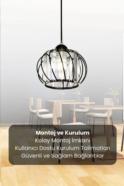 Luna Lighting Quattro Model Siyah Renk Kaplama Metal Kristal Taşlı Salon Oturma Odası Tavan Sarkıt Avize - 6