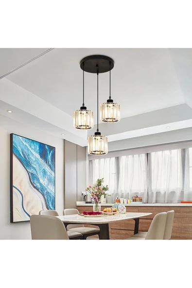 Luna Lighting Radiosa Model Siyah Renk Taşlı Dekoratif Salon Mutfak Yatak Odası Hol Antre Üçlü Sarkıt Avize - 5
