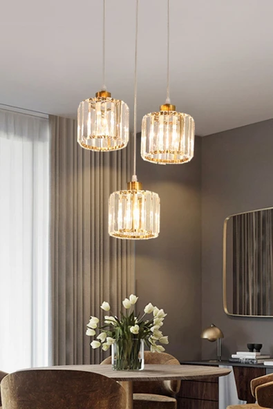 Luna Lighting Radiosa Gold Renk Kristal Taşlı Dekoratif Modern Salon Mutfak Hol Oda Antre Üçlü Sarkıt Avize - 6