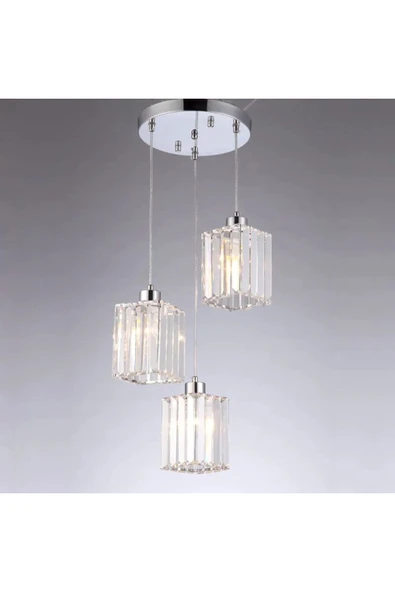 Luna Lighting Roma Model Kare Krom Taşlı Estetik Dekoratif Salon Mutfak Yatak Odası Hol Antre Üçlü Sarkıt Avize - 5