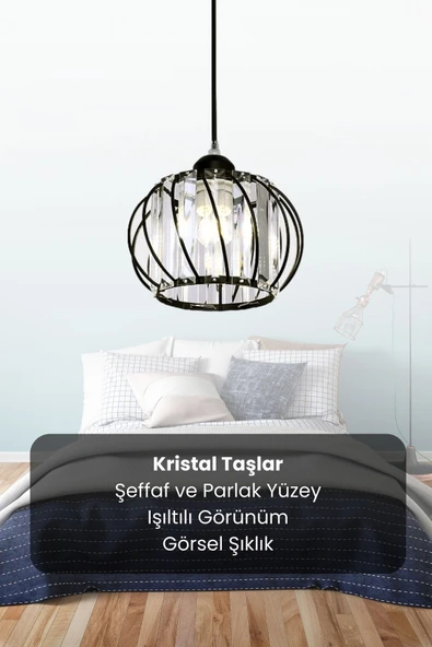 Luna Lighting Quattro Model Siyah Renk Kaplama Metal Kristal Taşlı Salon Oturma Odası Tavan Sarkıt Avize - 4
